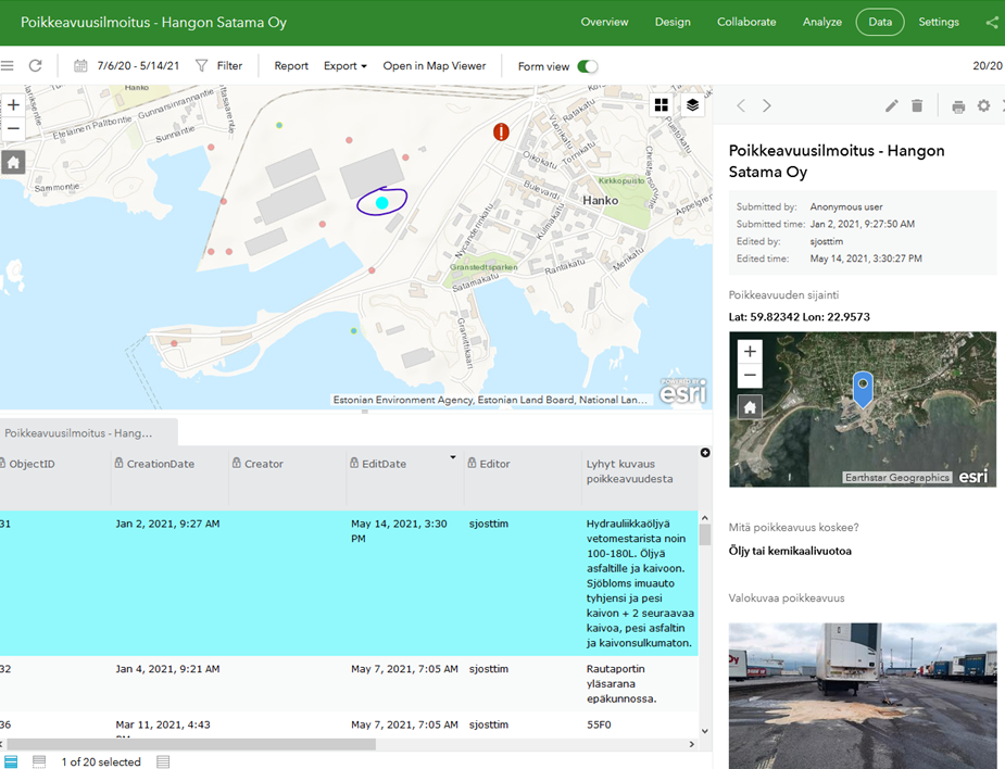 Poikkeavuusilmoitus kartalla